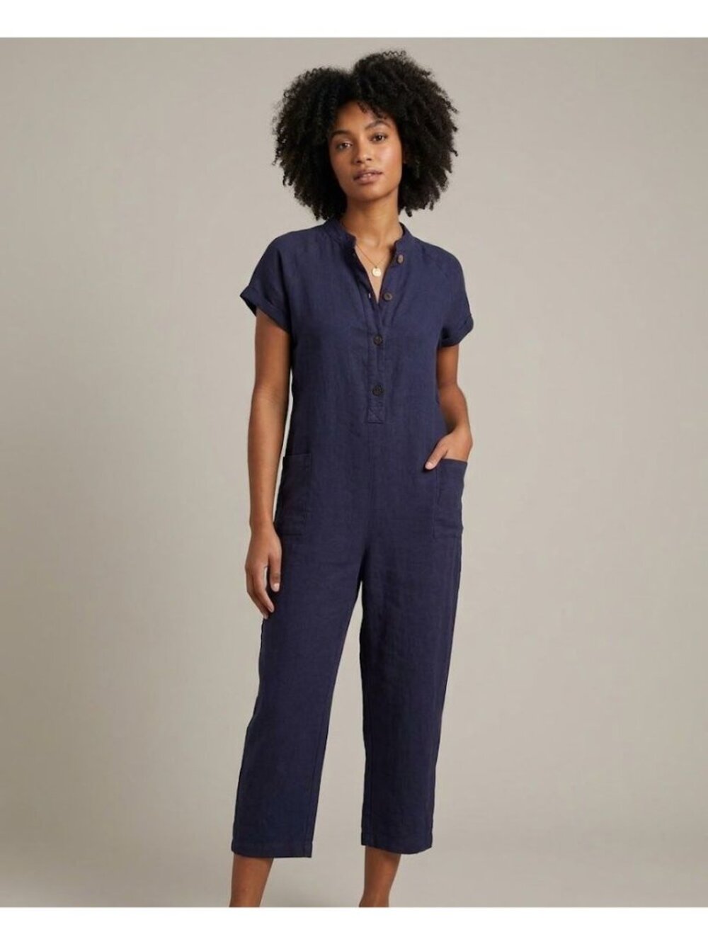 Petal & Pup Archie Jumpsuit Womens 6 Navy Blue 100% Linen Button Front Cropped